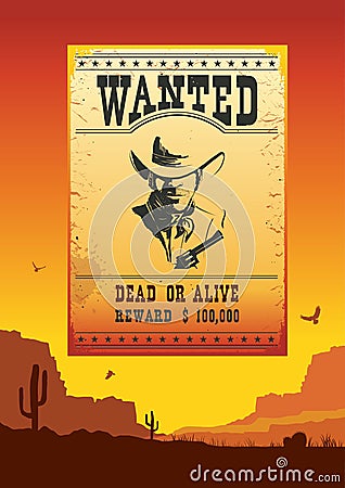 Wanted poster on Wild west american desert landscape Vector Illustration