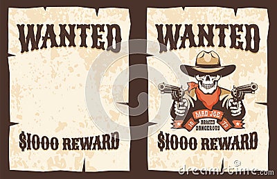 Wanted vintage poster - skull cowboy with guns Vector Illustration