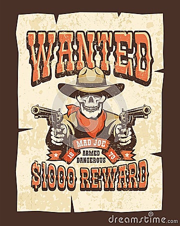 Wanted western poster with skull bandit with pistols Vector Illustration