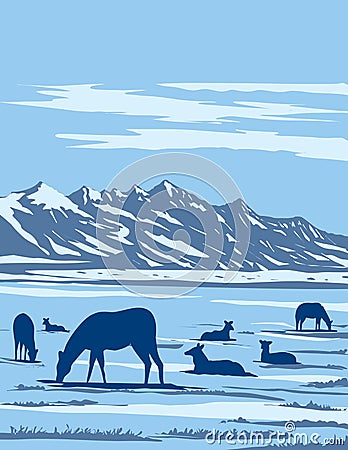 Wapiti at the National Elk Refuge in Jackson Hole in Wyoming USA WPA Art Poster Vector Illustration