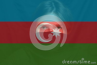 War between Armenia and Azerbaijan. Young woman with sad sight looking at camera. Art portrait. Azerbaijan flag. Face of Stock Photo