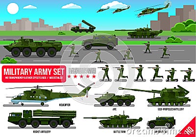 War Army military vehicles set with tank, rocket artillery, helicopter, troopers soldiers, armored car, armored carrier, in desert Stock Photo