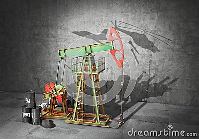 War concept. Conflict over resources. Oil pump cast shadow in form of group of army equipment. 3d Cartoon Illustration