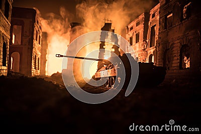 War Concept. Military silhouettes fighting scene on war fog sky background, World War Soldiers Silhouette Below Cloudy Skyline At Stock Photo