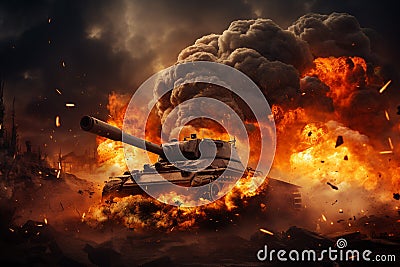 War Concept. Military silhouettes fighting scene on tank war fog sky background Stock Photo