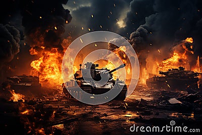 War Concept. Military silhouettes fighting scene on tank war fog sky background Stock Photo