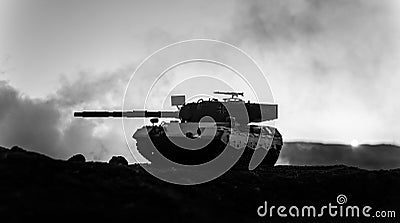 War Concept. Military silhouettes fighting scene on war fog sky background, World War Soldiers Silhouettes Below Cloudy Skyline At Stock Photo