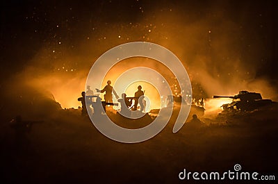 War Concept. Military silhouettes fighting scene on war fog sky background, World War Soldiers Silhouettes Below Cloudy Skyline At Stock Photo