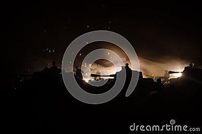 War Concept. Military silhouettes fighting scene on war fog sky background, World War Soldiers Silhouettes Below Cloudy Skyline At Stock Photo