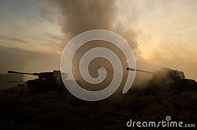 War Concept. Military silhouettes fighting scene on war fog sky background, World War Soldiers Silhouettes Below Cloudy Skyline At Stock Photo