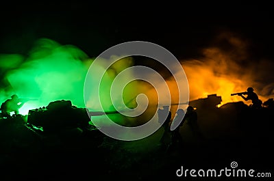 War Concept. Military silhouettes fighting scene on war fog sky background, World War Soldiers Silhouettes Below Cloudy Skyline At Stock Photo