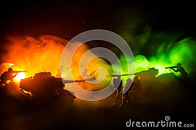 War Concept. Military silhouettes fighting scene on war fog sky background, World War Soldiers Silhouettes Below Cloudy Skyline At Stock Photo