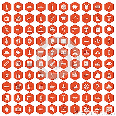 100 war crimes icons hexagon orange Vector Illustration