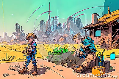 War destruction children survive starvation Cartoon Illustration