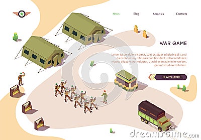 War Game Banner with Military Base Camp in Dessert Vector Illustration