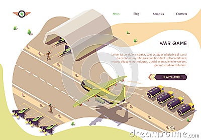 War Game Isometric Banner with Military Airfield Vector Illustration