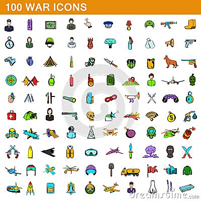 100 war icons set, cartoon style Vector Illustration