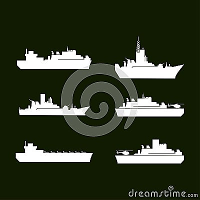 War Icons. White Army Ships. Set of 6 Army Ships. Green Background Vector Illustration