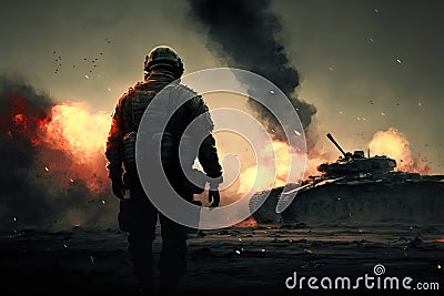 war with soldier and tank at battlefield. Generative AI. Cartoon Illustration