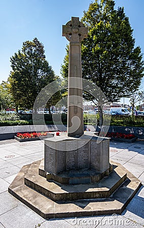 War memorial with celtic in cross in the town centre Ellesmere Port Cheshire July 2020 Editorial Stock Photo