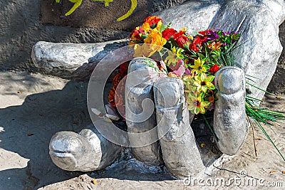 War memorial, hand with flowers. Monument of the Great Patriotic War 1941-1945 in the military town of Balabanovo-1 Editorial Stock Photo