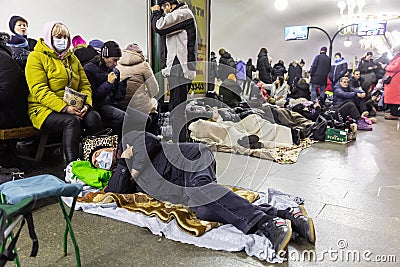 War of Russia against Ukraine. Bomb shelter at metro station Editorial Stock Photo