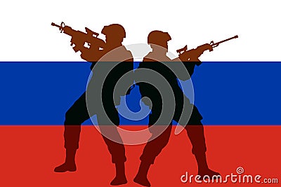 War in Russia, flag of Russia with the shadow of soldiers, War between Russia and Ukraine, Russia Ukraine in world war crisis Stock Photo