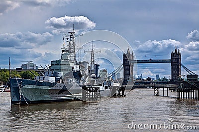 War ship museum Belfast, Tower Bridge, Thames, London, England Editorial Stock Photo