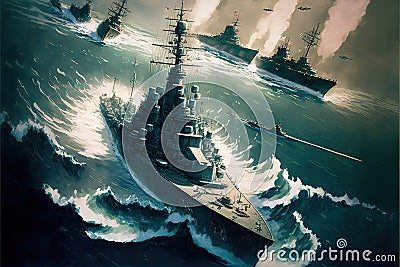 War ships campaign on the sea, military force, war over seas, Generative Ai Stock Photo