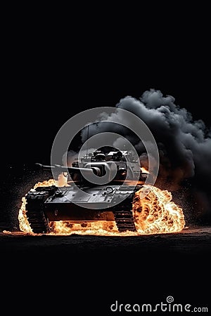 Flames of War: A Raging Fire Consuming a Destroyed Tank. Generative ai Stock Photo
