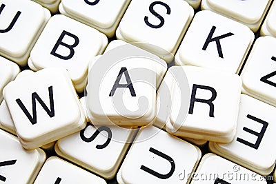 War text word crossword title caption label cover background. Alphabet letter toy blocks. White alphabetical letters. Stock Photo