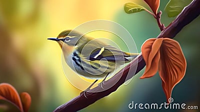 Warbler perching on a branch, Bright clear light. Generative Ai Stock Photo
