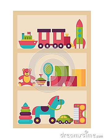 Wardrobe children toy, plaything shelf isolated on white flat vector illustration. Baby things horse, teddy bear color Vector Illustration