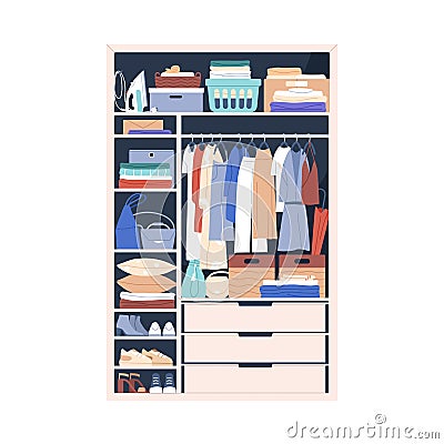 Wardrobe, closet full of clothing, shoes, bags, accessories. Open cupboard with garment rail, boxes, ordered folded Vector Illustration