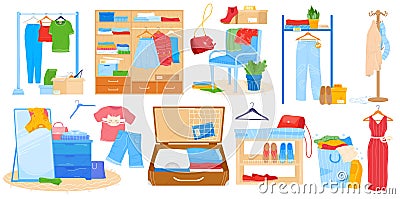 Wardrobe for clothes vector illustration, cartoon flat room furniture set, opened cupboard closet with woman man Vector Illustration