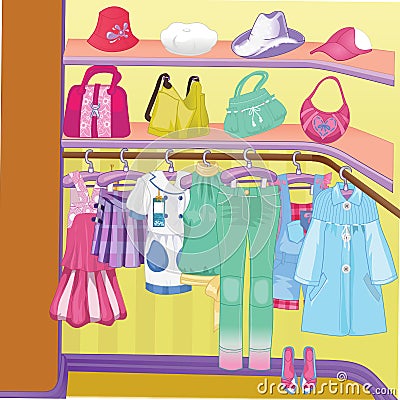 Wardrobe for cloths. Closet with clothes, bags, boxes and shoes. Shopping Time. Cartoon Illustration