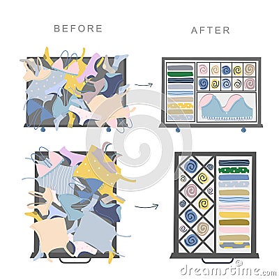 Wardrobe drawer organizer. Before and after drawer organization. Clothes tidying up concept Vector Illustration