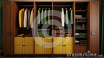 Bold And Busy Green And Yellow Wardrobe With Realistic Renderings Stock Photo