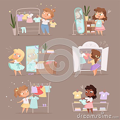 Wardrobe girl. Parent help choice clothes for kids changing room in marketplace vector cartoon illustration Vector Illustration