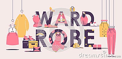 Wardrobe large lettering with fashion elements on hangers. Pink and yellow colors, outline style, good for women boutique and Stock Photo