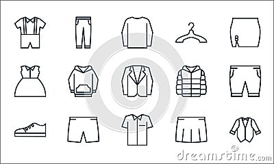 Wardrobe line icons. linear set. quality vector line set such as tuxedo, uniform, shoe, skirt, short, uniform, winter jacket, Vector Illustration