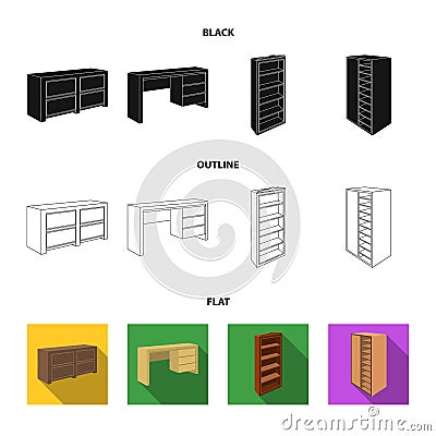 Wardrobe with mirror, wardrobe, shelving with mezzanines. Bedroom furniture set collection icons in black,flat,outline Vector Illustration