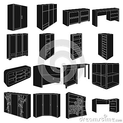 Wardrobe, mirror, wood and other icons of interior. Interior set collection icons in black style vector symbol stock Vector Illustration