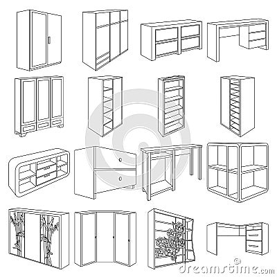 Wardrobe, mirror, wood and other icons of interior. Interior set collection icons in line style vector symbol stock Vector Illustration