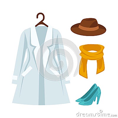 Wardrobe outerwear clothes vector isolated flat icons set Vector Illustration