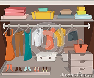 Wardrobe room with clothes, shoes and boxes. Vector Illustration