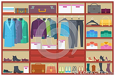 Wardrobe room full of clothes.Flat vector illustration Vector Illustration