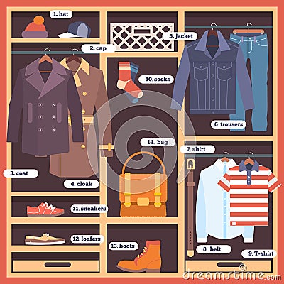 Wardrobe room full of man`s cloths. Flat style illustration Vector Illustration