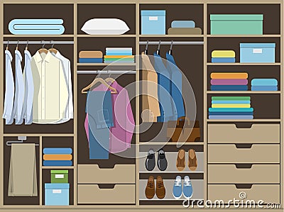 Wardrobe room full of men`s cloths. Flat design Vector Illustration