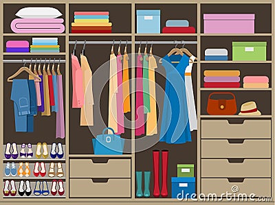 Wardrobe room full of woman`s cloths. Flat style vector illustration. Vector Illustration